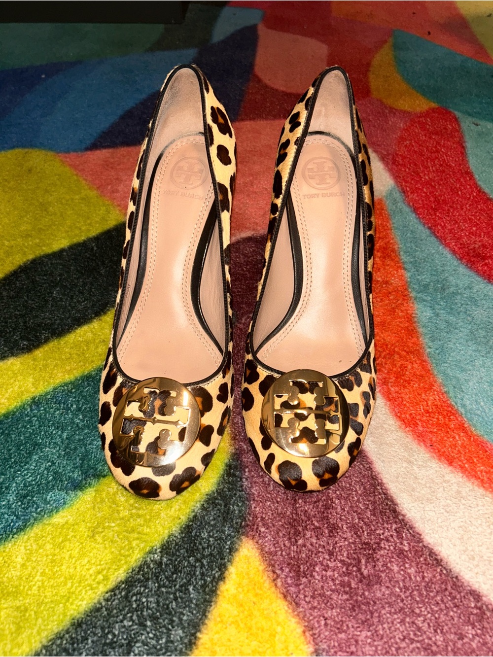 Tory Burch Leopard Print Block Heel Pumps - Tan/Black/Gold - Picture 2 of 7